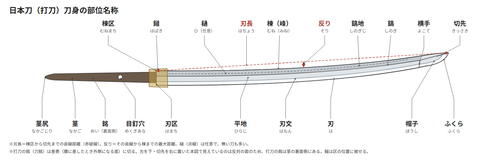 日本刀(打刀)刀身の部位名称図